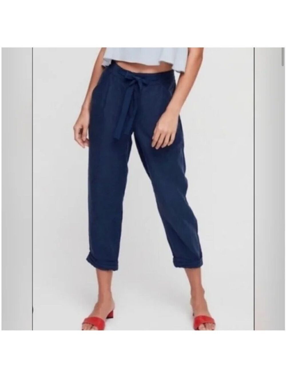 Aritzia Wilfred Linen Blend Allant Pants Navy Blue Cropped Trousers Size 10